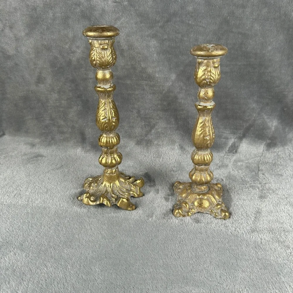 Vintage Antique Gold Cast Metal Candlestick Holders Pair Ornate Heavy Taper Set